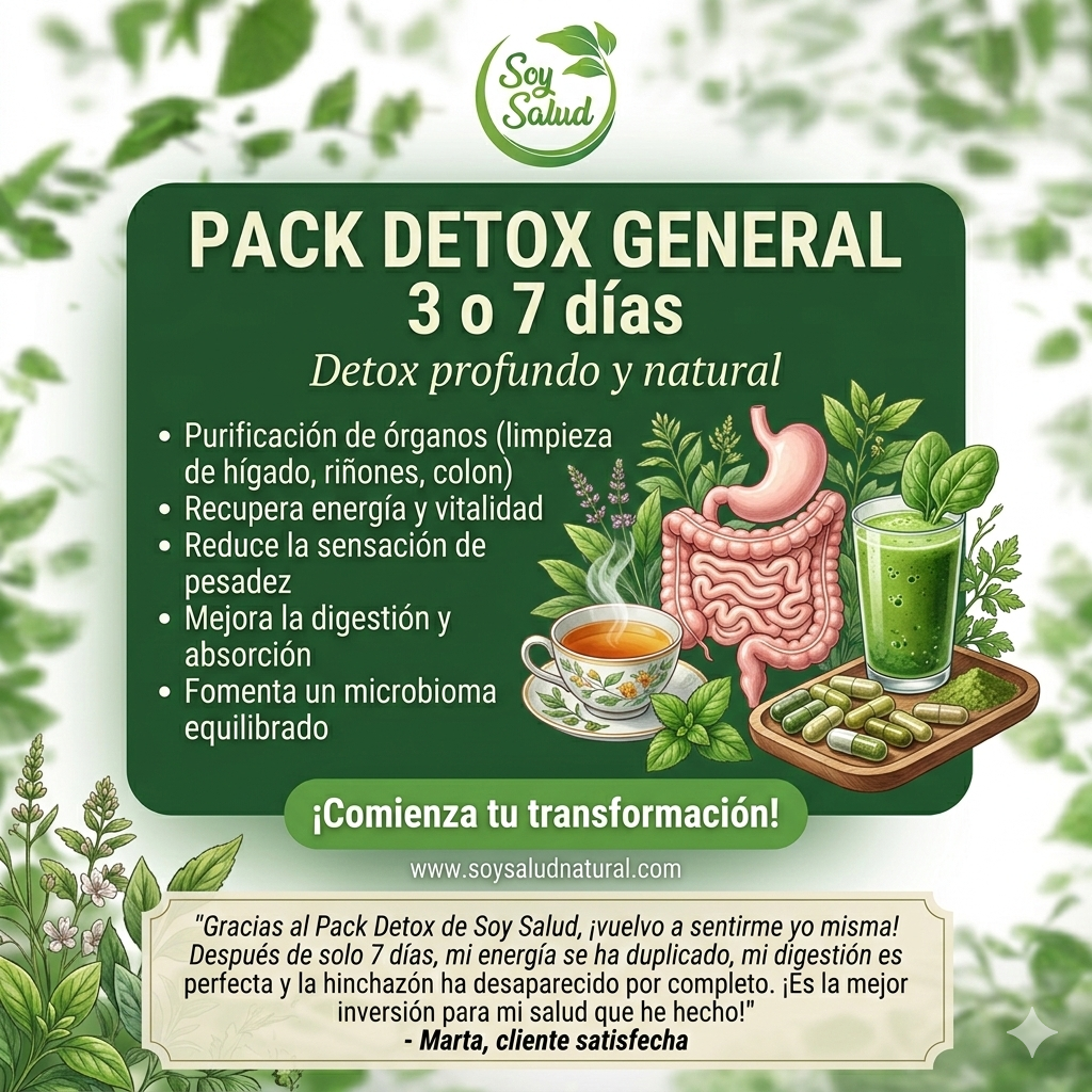 Limpia tu organismo con nuestro Pack Detox General 3 o 7 días. Reduce inflamación, elimina toxinas y apoya la pérdida de peso con productos 100% naturales.